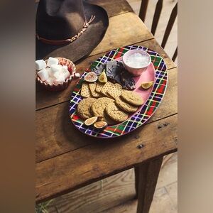 New Anthropologie Holiday Christmas Tartan Stonewear Platter 8 Cocktail Napkins